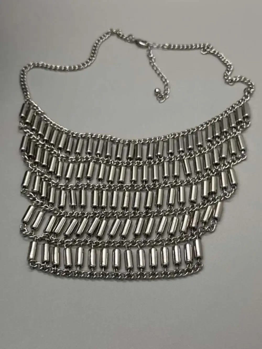 Silver Tone Multi-strand Tube Bar Statement Bib Necklace Layered Y2K Goth